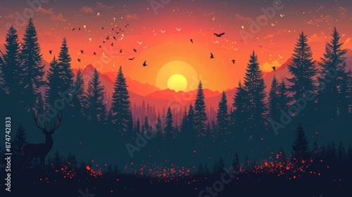 Stunning sunset over forest landscape with deer, birds, and glowing horizon. Scenic nature background with tranquil beauty and vibrant colors.