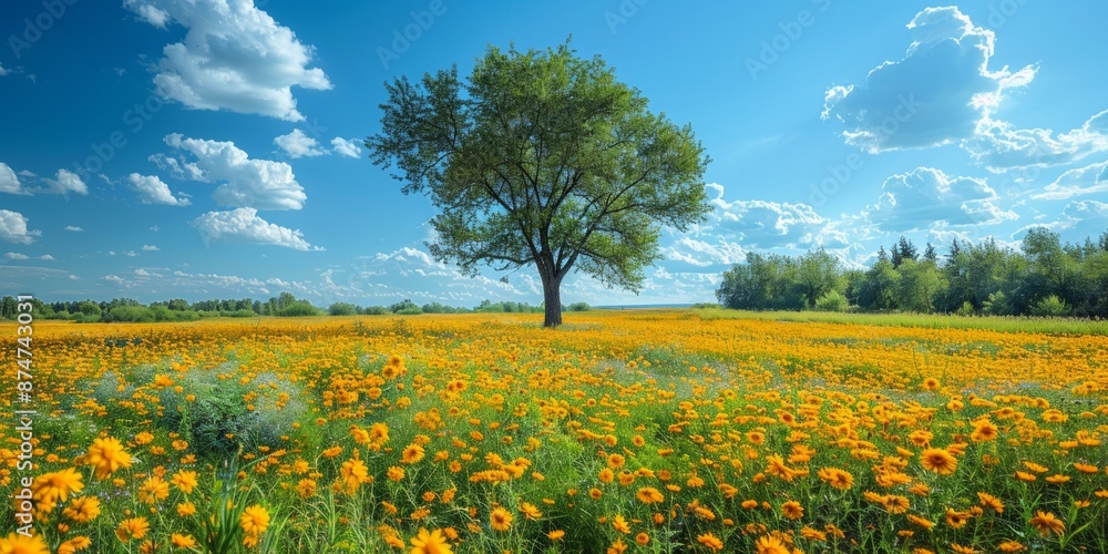 A Serene Wildflower Meadow Under a Clear Blue Summer Sky, Bathed in Sunlight A Serene Wildflower Meadow Under a Clear Blue Summer Sky, Bathed in Sunlight