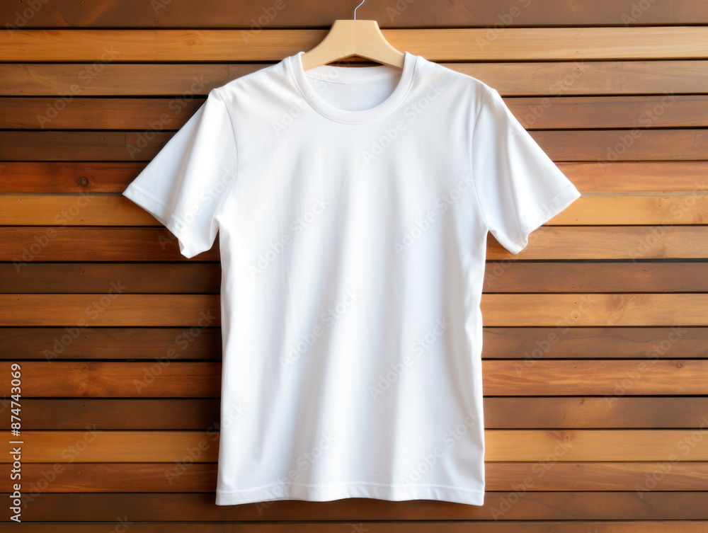 A white t-shirt on a wooden hanger against a brown wood plank background, showcasing a blank design space. Generative AI A white t-shirt on a wooden hanger against a brown wood plank background, showcasing a blank design space. Generative AI