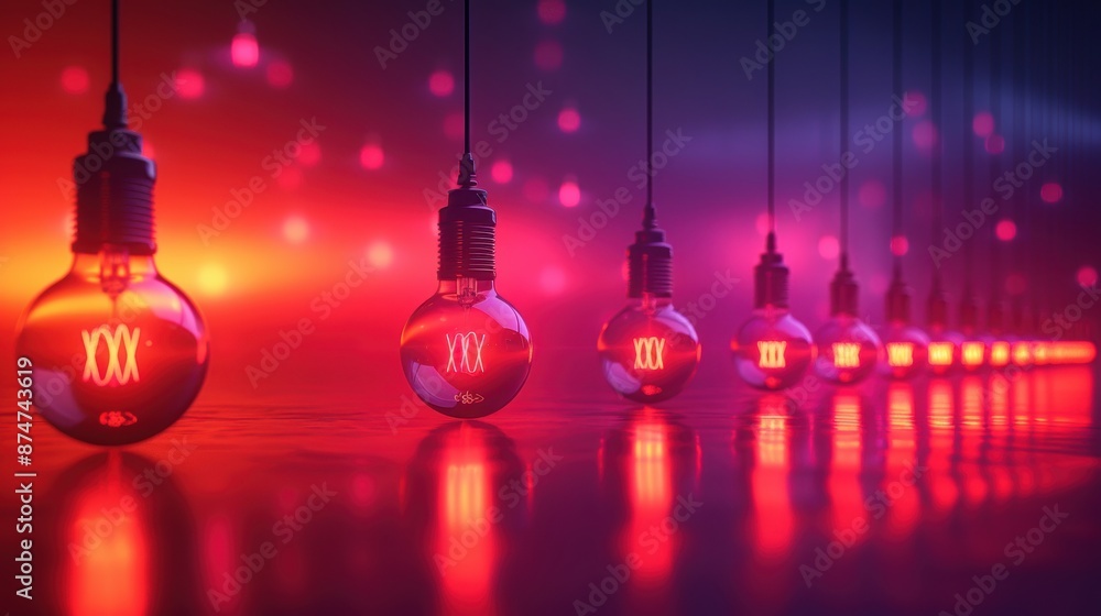 A row of hanging light bulbs with glowing numbers in a red and purple ambiance, creating a futuristic and artistic atmosphere. A row of hanging light bulbs with glowing numbers in a red and purple ambiance, creating a futuristic and artistic atmosphere.