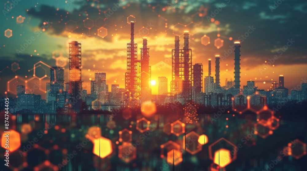 Futuristic cityscape with industrial structures illuminated by a vibrant sunset and abstract geometric elements in the foreground. Futuristic cityscape with industrial structures illuminated by a vibrant sunset and abstract geometric elements in the foreground.
