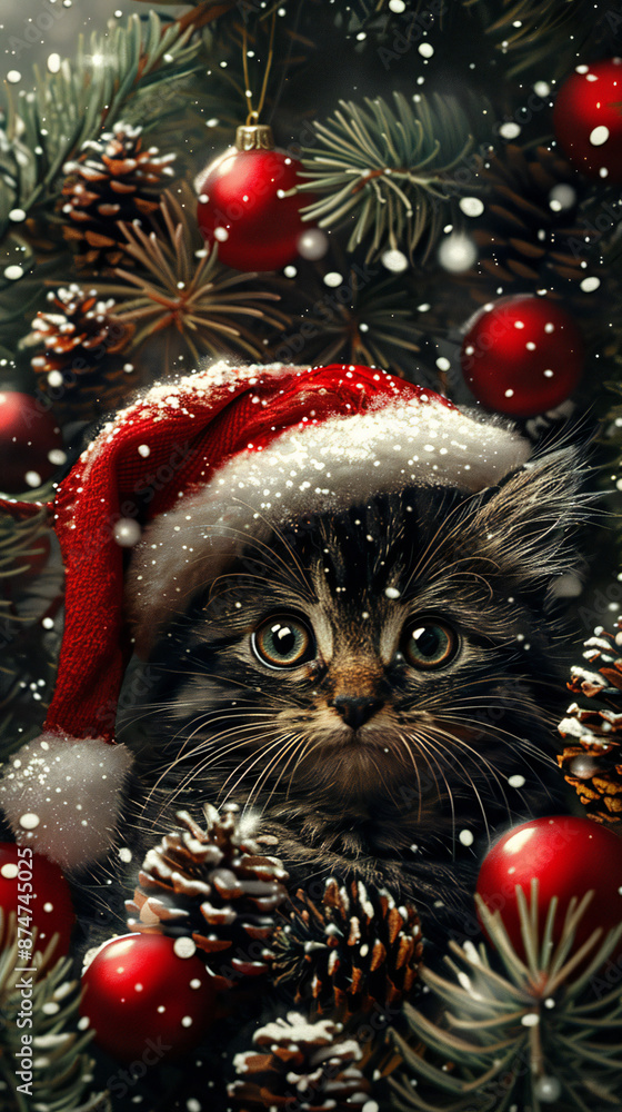 Obraz premium Playful Gray Tabby Kitten Creating Holiday Mischief in Christmas Tree with Ornaments