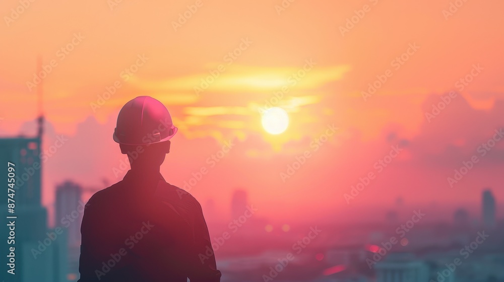 Fototapeta premium Silhouette of builder at dusk theme front view city horizon futuristic tone colored pastel
