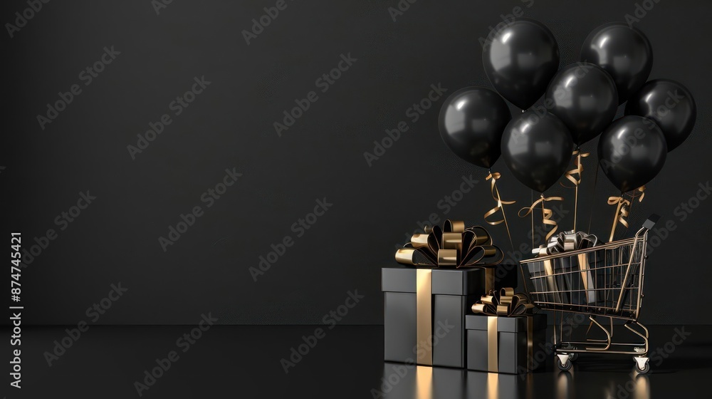 Three-Dimensional Minimal Illustration of a Gift Box Adorned with Balloons and Festive Decor, Set Against a Black Background Three-Dimensional Minimal Illustration of a Gift Box Adorned with Balloons and Festive Decor, Set Against a Black Background