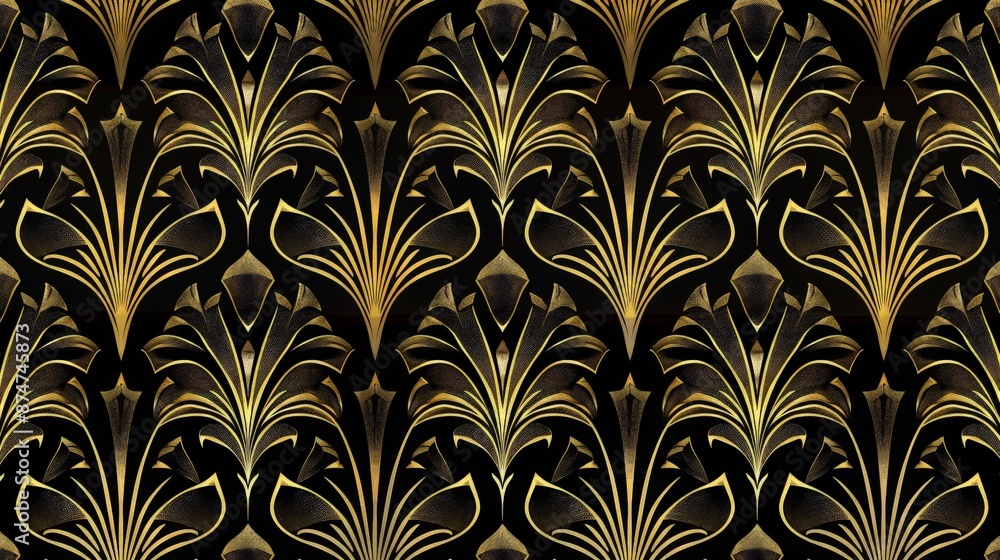 A sophisticated Art Deco pattern with elegant, symmetrical designs in gold and black, ideal for vintage-inspired decor and fashion.