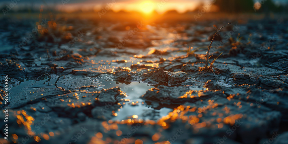 Dramatic view of cracked earth with small water puddles reflecting the sunset, symbolizing contrast between drought and renewal. Dramatic view of cracked earth with small water puddles reflecting the sunset, symbolizing contrast between drought and renewal.