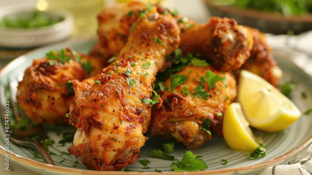 Golden crispy fried chicken drumsticks on a plate, garnished with lemon wedges and fresh herbs. Golden crispy fried chicken drumsticks on a plate, garnished with lemon wedges and fresh herbs.