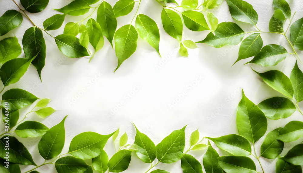Fototapeta premium Frame of green leaves on white background Circle of green leaves, Green leaf border, Decorative leaves, Fresh green foliage