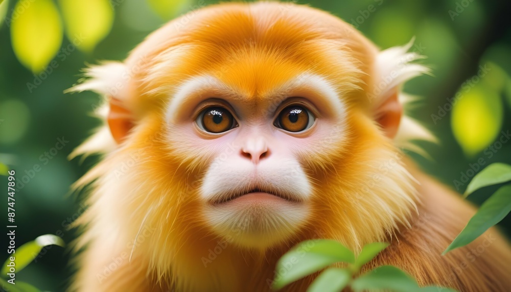 Fototapeta premium A close-up portrait of a golden snub-nosed monkey with large expressive eyes, surrounded by lush green foliage