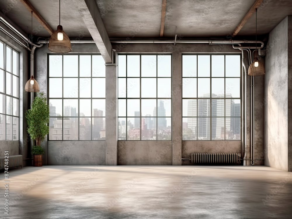 An industrial-style empty loft with large windows, concrete walls, and cityscape background, daylight interior concept. Generative AI An industrial-style empty loft with large windows, concrete walls, and cityscape background, daylight interior concept. Generative AI