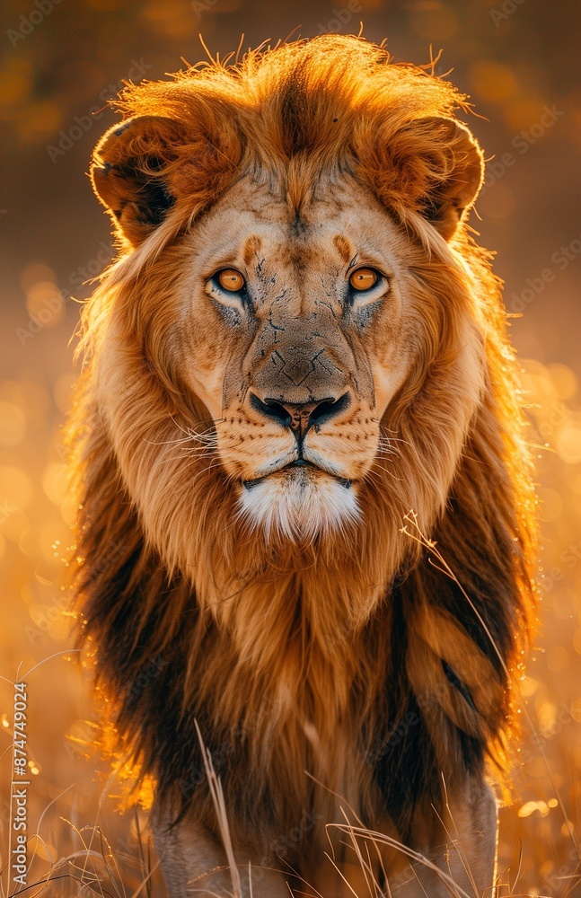 Fototapeta premium majestic lion, with its golden mane and piercing eyes, stands in the savannah
