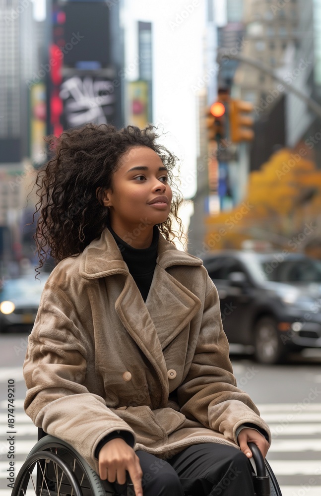 Fototapeta premium A young Black woman in a wheelchair waits at a crosswalk, poised and determined