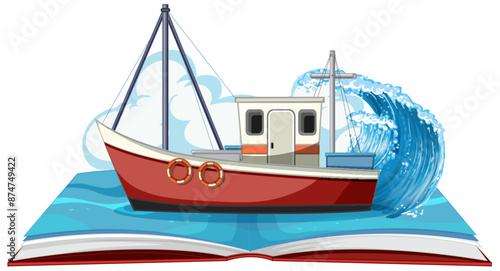 A boat emerging from an open book