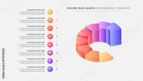 Circular Bar Graph Pie Chart Business Growth Success Infographic Template Design with 8 Steps