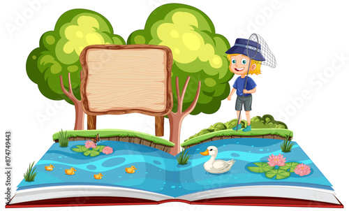 Open book with nature scene illustration