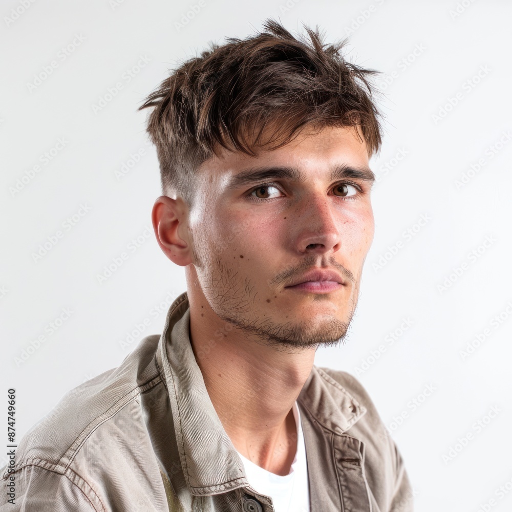 Man with a textured fringe, looking fashionable, wearing a casual outfit, Portrait half-body, hyper-realistic, high detail, photorealistic, white background, studio lighting, Key Light, Fill Light, Man with a textured fringe, looking fashionable, wearing a casual outfit, Portrait half-body, hyper-realistic, high detail, photorealistic, white background, studio lighting, Key Light, Fill Light,
