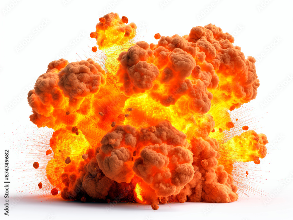 Φωτογραφία A large explosion with fiery orange and yellow colors against a white background, concept of danger or power