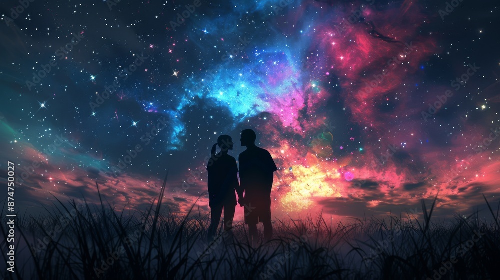 A man and a woman's silhouettes gaze upon a star-filled night sky, with a field stretching out behind them and a vibrant nebula at the photograph's center, rendered in a photorealistic. Generative AI A man and a woman's silhouettes gaze upon a star-filled night sky, with a field stretching out behind them and a vibrant nebula at the photograph's center, rendered in a photorealistic. Generative AI