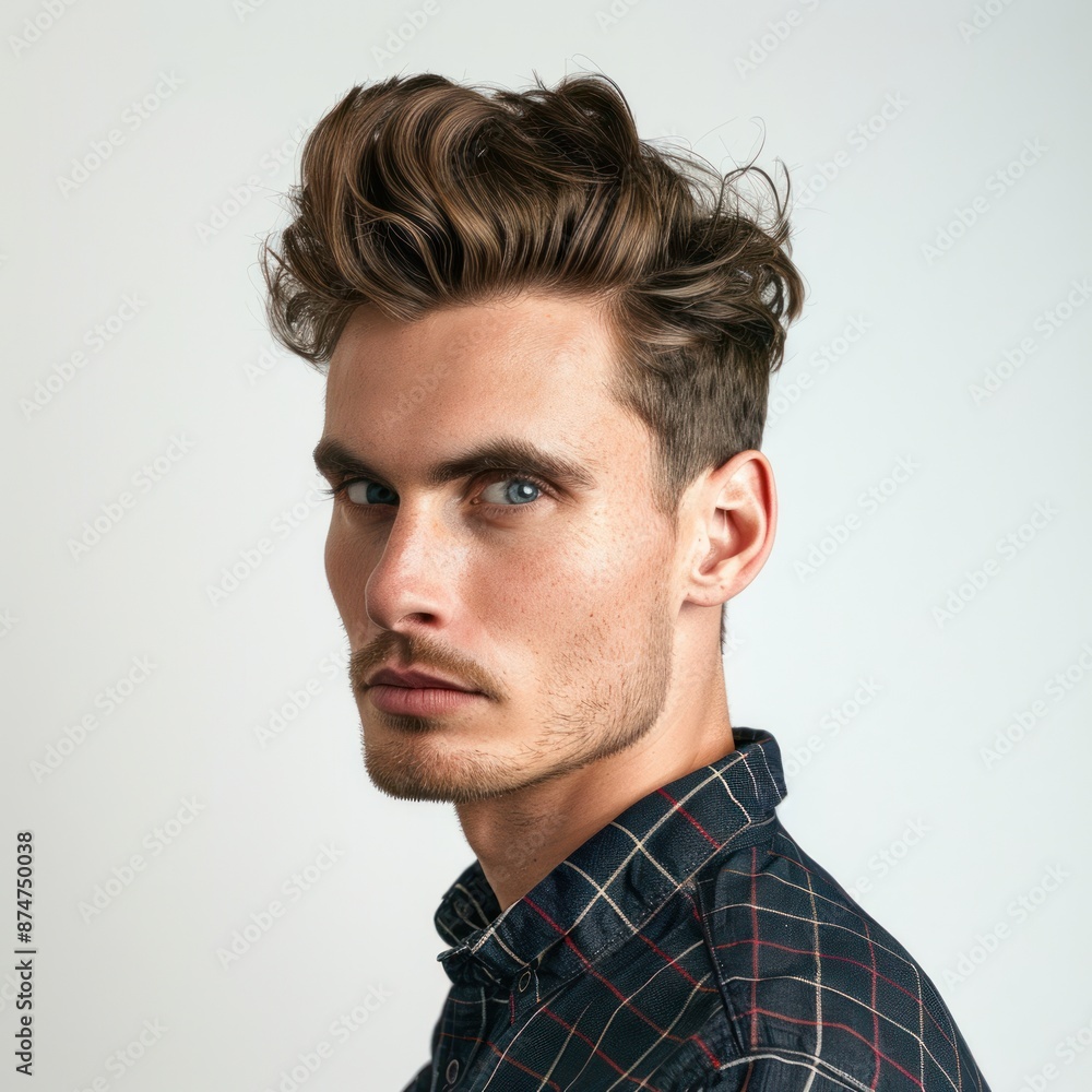 Obraz premium Man with a modern quiff, looking trendy, wearing a casual shirt, Portrait half-body, hyper-realistic, high detail, photorealistic, white background, studio lighting, Key Light, Fill Light, Back Light