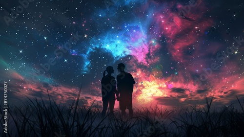 A man and a woman's silhouettes gaze upon a star-filled night sky, with a field stretching out behind them and a vibrant nebula at the photograph's center, rendered in a photorealistic. Generative AI © gdgaffar