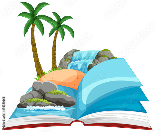 Open book with tropical landscape illustration