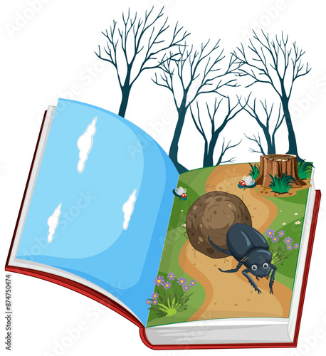 Illustration of an open book with nature