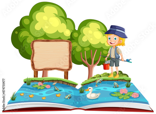 Child fishing by a pond in a storybook