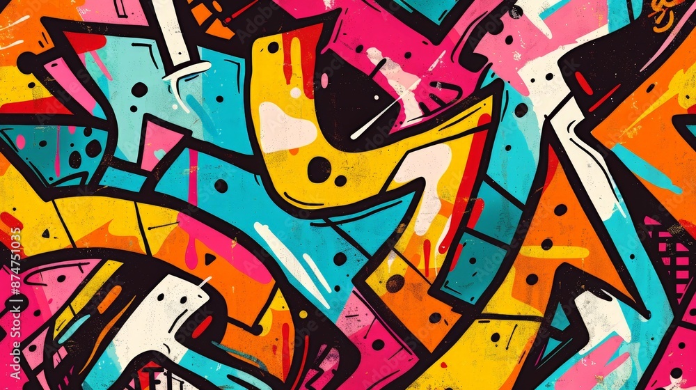 Obraz premium A vibrant, graffiti-inspired pattern with bold colors and dynamic shapes, perfect for urban fashion and street art themes.