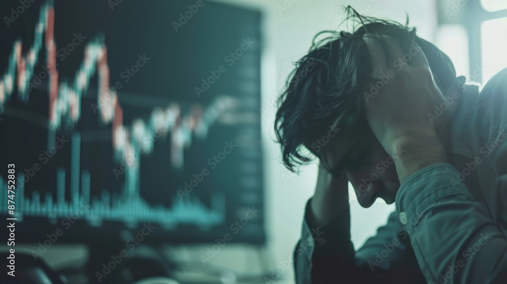Fototapeta premium Realistic downward trend graph, distressed person in foreground