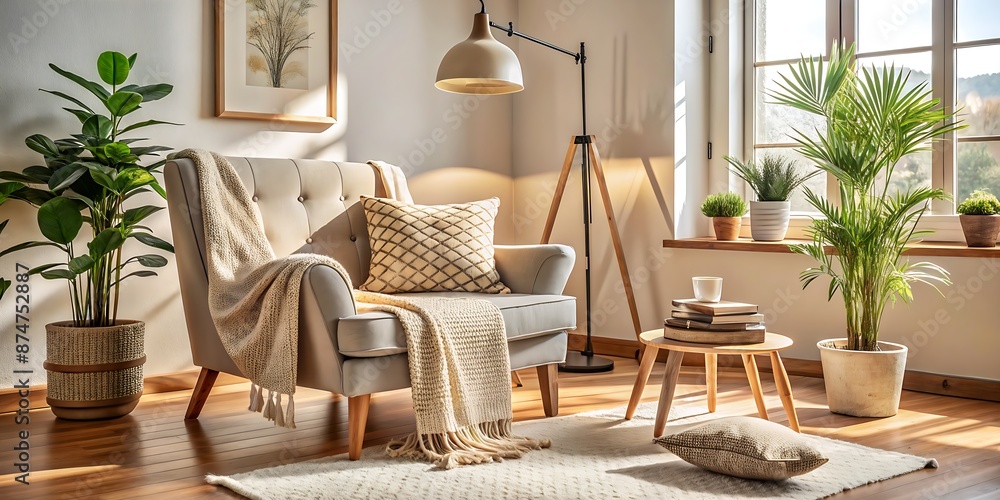 Fototapeta premium Inviting cozy reading nook features patterned armchair, layered beige blanket, and tassel pillow, surrounded by wooden floor lamp, potted plants, and warm natural light.