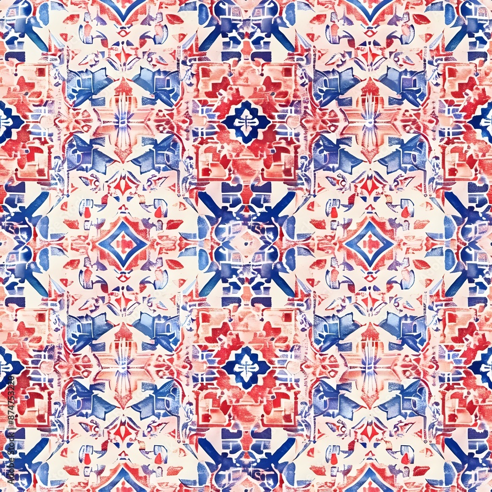 Obraz premium Stylized Floral Geometric Pattern in Red and Blue