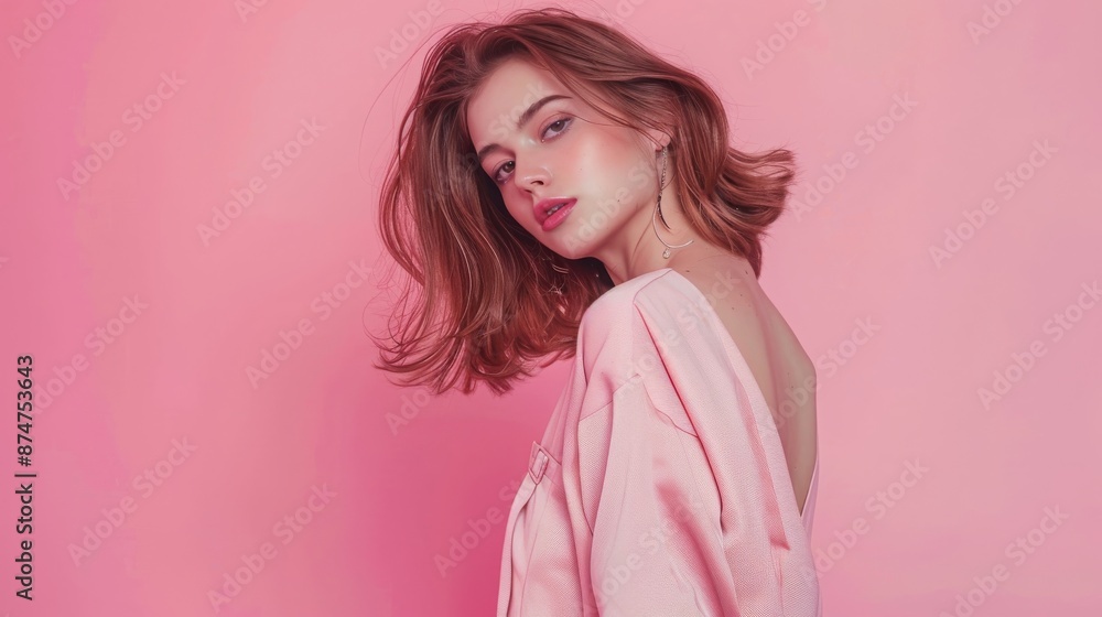 Stylish young woman with long hair posing confidently against a pink background. Concepts. fashion, beauty, millennial, modern femininity Stylish young woman with long hair posing confidently against a pink background. Concepts. fashion, beauty, millennial, modern femininity