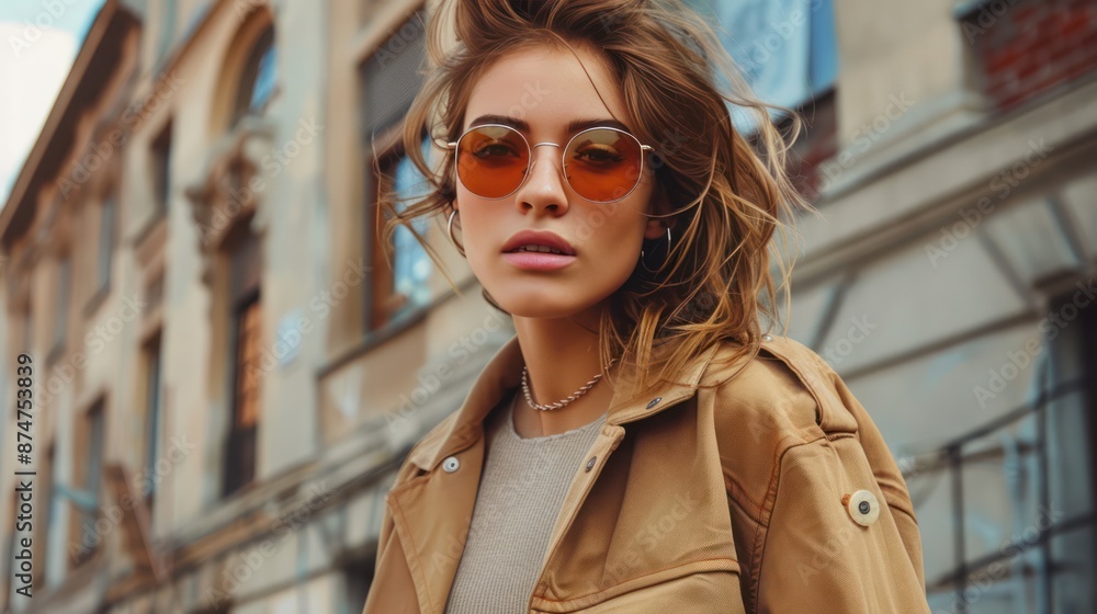 City Chic: Fashion Model in Stylish Urban Attire against Cityscape Background City Chic: Fashion Model in Stylish Urban Attire against Cityscape Background