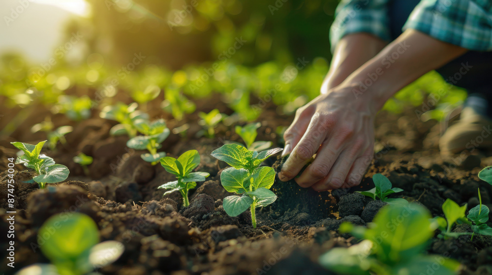 Close-up of hands planting green seedlings in fertile soil, representing agriculture, growth, and sustainable farming practices. Close-up of hands planting green seedlings in fertile soil, representing agriculture, growth, and sustainable farming practices.