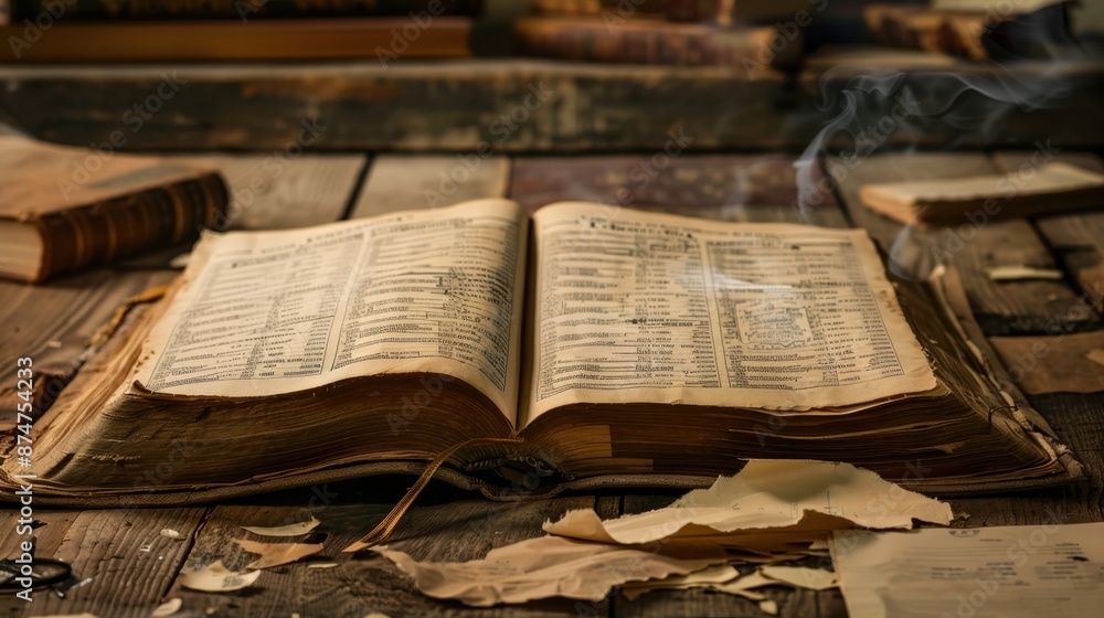 Obraz premium Open ledger book with torn financial documents nearby, realistic economic downturn