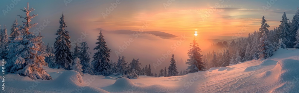 Winter Wonderland: Mystical Sunrise in Black Forest with Stunning Snowy Panorama and Mountain Fog Background Winter Wonderland: Mystical Sunrise in Black Forest with Stunning Snowy Panorama and Mountain Fog Background