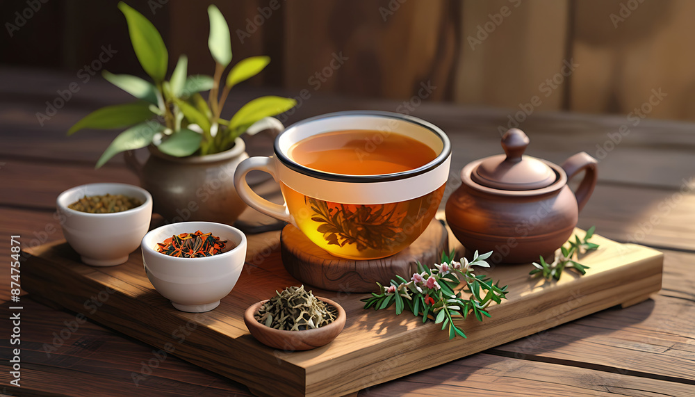 An herbal tea set on a rustic wooden pedestal. Emphasize its natural ingredients and soothing properties, with copy space
An herbal tea set on a rustic wooden pedestal. Emphasize its natural ingredients and soothing properties, with copy space