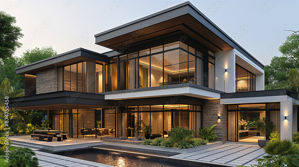 Fototapeta premium two story house, modern architecture with glass windows, in the style of traditional vietnamese, , facade with stone tiles, wood paneling, large glass windows and doors , white painted surfaces,