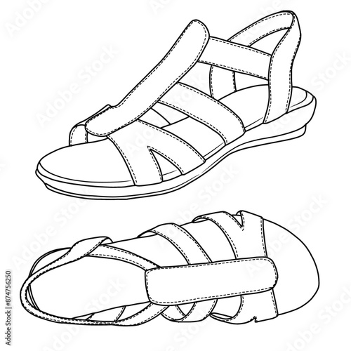 Women's Flat Sandals with Open Toe Elastic Slip On Slingback Comfort Casual Walking Sandals Line art, Technical sketch hand drawing outline vector doodle illustration isolated on white background