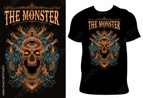 Illustration hand drawn skull head with engraving style