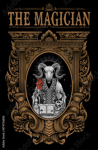 Illustration demon goat skull with engraving ornament frame hand drawn style - Vector Eps 10