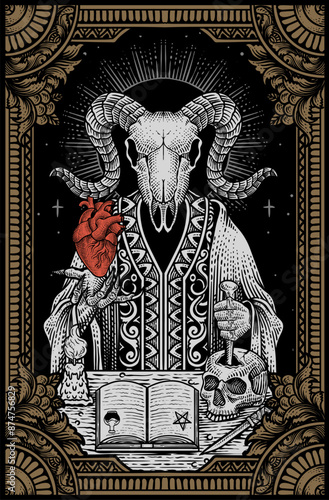 Illustration demon goat skull with engraving ornament frame hand drawn style - Vector Eps 10