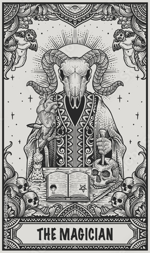 Illustration demon goat skull with engraving ornament frame hand drawn style - Vector Eps 10