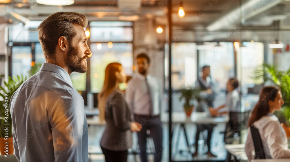 A professional man in a modern office, with colleagues in the background, depicting a business environment. Generative AI A professional man in a modern office, with colleagues in the background, depicting a business environment. Generative AI