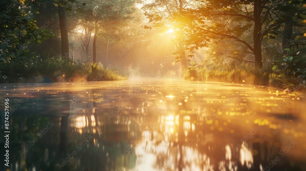 Golden sunrise over a tranquil forest reflecting in the water, creating a magical and serene nature scene. Perfect for backgrounds about peace, nature, and tranquility. Golden sunrise over a tranquil forest reflecting in the water, creating a magical and serene nature scene. Perfect for backgrounds about peace, nature, and tranquility.