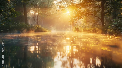 Golden sunrise over a tranquil forest reflecting in the water, creating a magical and serene nature scene. Perfect for backgrounds about peace, nature, and tranquility. © Zyariss