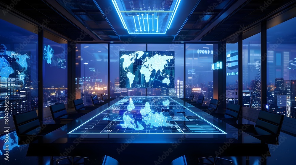 Futuristic Digital Boardroom with World Map and Data Analytics Displays Futuristic Digital Boardroom with World Map and Data Analytics Displays