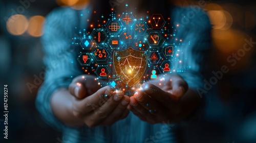 Hands holding digital shield with various security icons.