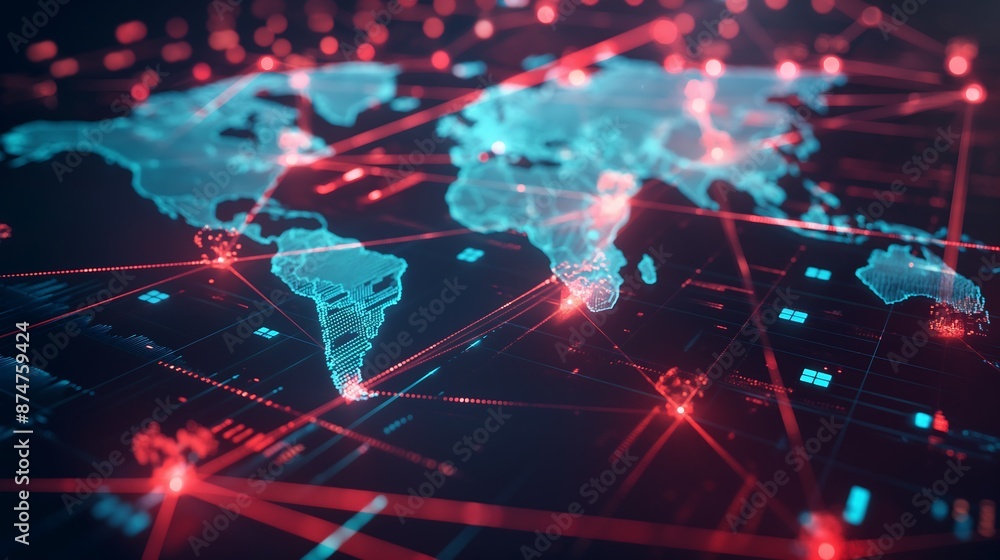 Realistic 4K Depiction of Global Data Network with Glowing Lines Nodes and Icons for Financial Health and Social Media Data on a Dark Background Realistic 4K Depiction of Global Data Network with Glowing Lines Nodes and Icons for Financial Health and Social Media Data on a Dark Background