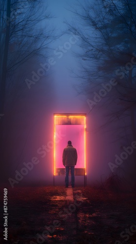 Neon Lit Pathway with Lone Figure